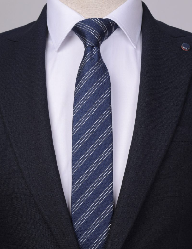 T019N00-Navy-3 White stripes Tie