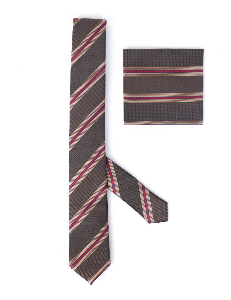 TH001BR00-Brown-1 Handkerchief tie with Beige & Maroon Regimental Stripes