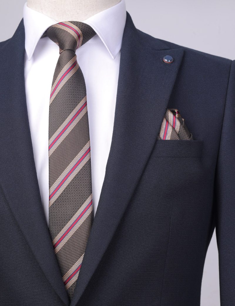 TH001BR00-Brown-2 Handkerchief tie with Beige & Maroon Regimental Stripes
