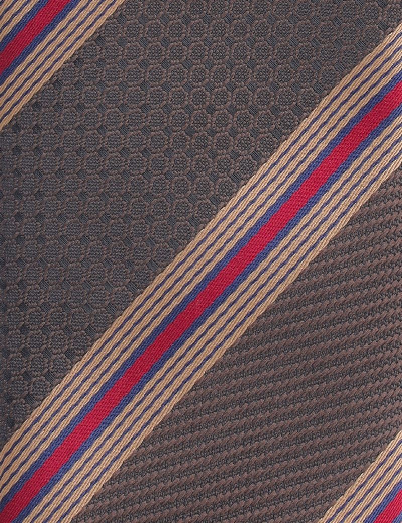 TH001BR00-Brown-3 Handkerchief tie with Beige & Maroon Regimental Stripes