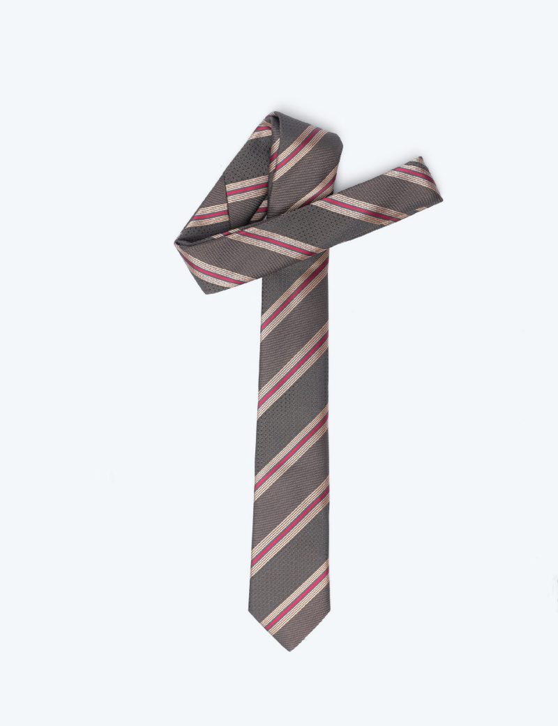 TH001BR00-Brown-4 Handkerchief tie with Beige & Maroon Regimental Stripes