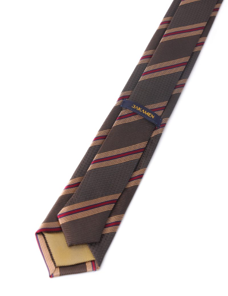 TH001BR00-Brown-5 Handkerchief tie with Beige & Maroon Regimental Stripes