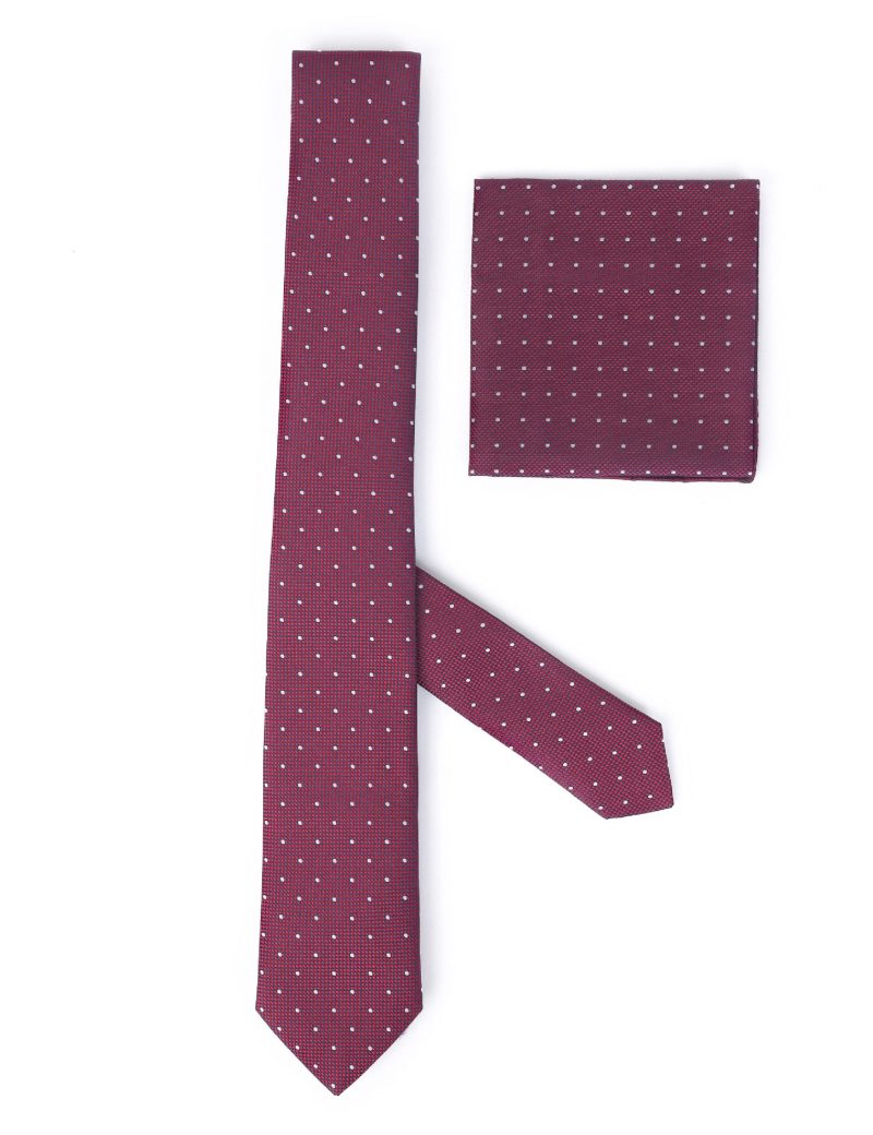 TH001M00-Maroon-1 Handkerchief tie with White and navy dots
