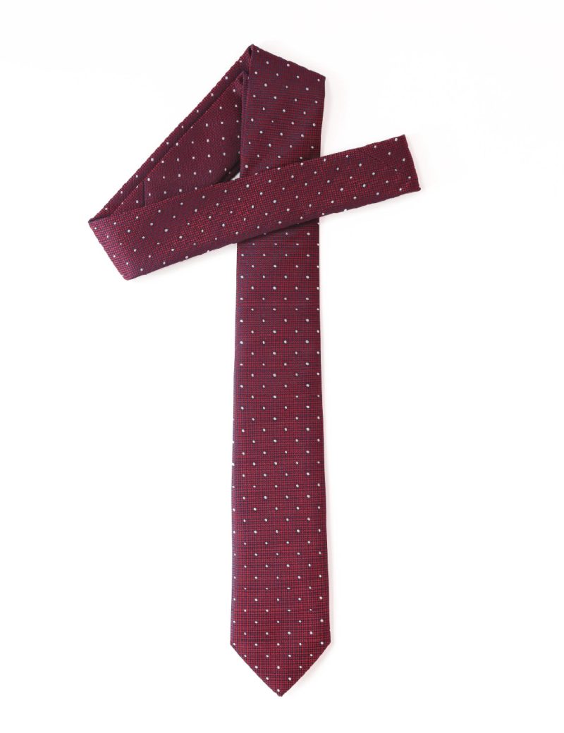TH001M00-Maroon-3 Handkerchief tie with White and navy dots