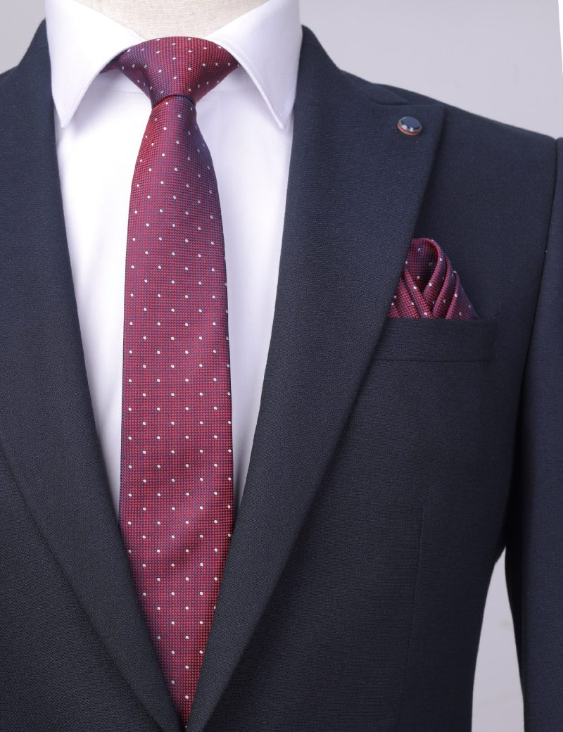 TH001M00-Maroon-6 Handkerchief tie with White and navy dots