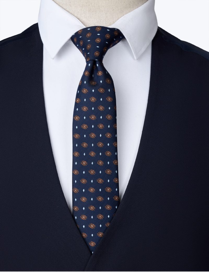 TH001N00-Navy-4 Handkerchief with brown flower