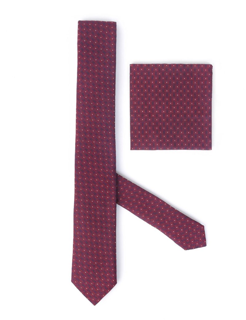 TH002M00-Maroon-1 Handkerchief tie with White dots and navy squares