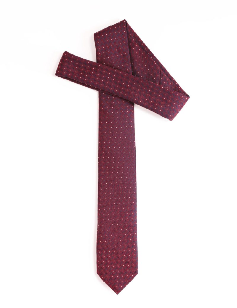 TH002M00-Maroon-3 Handkerchief tie with White dots and navy squares