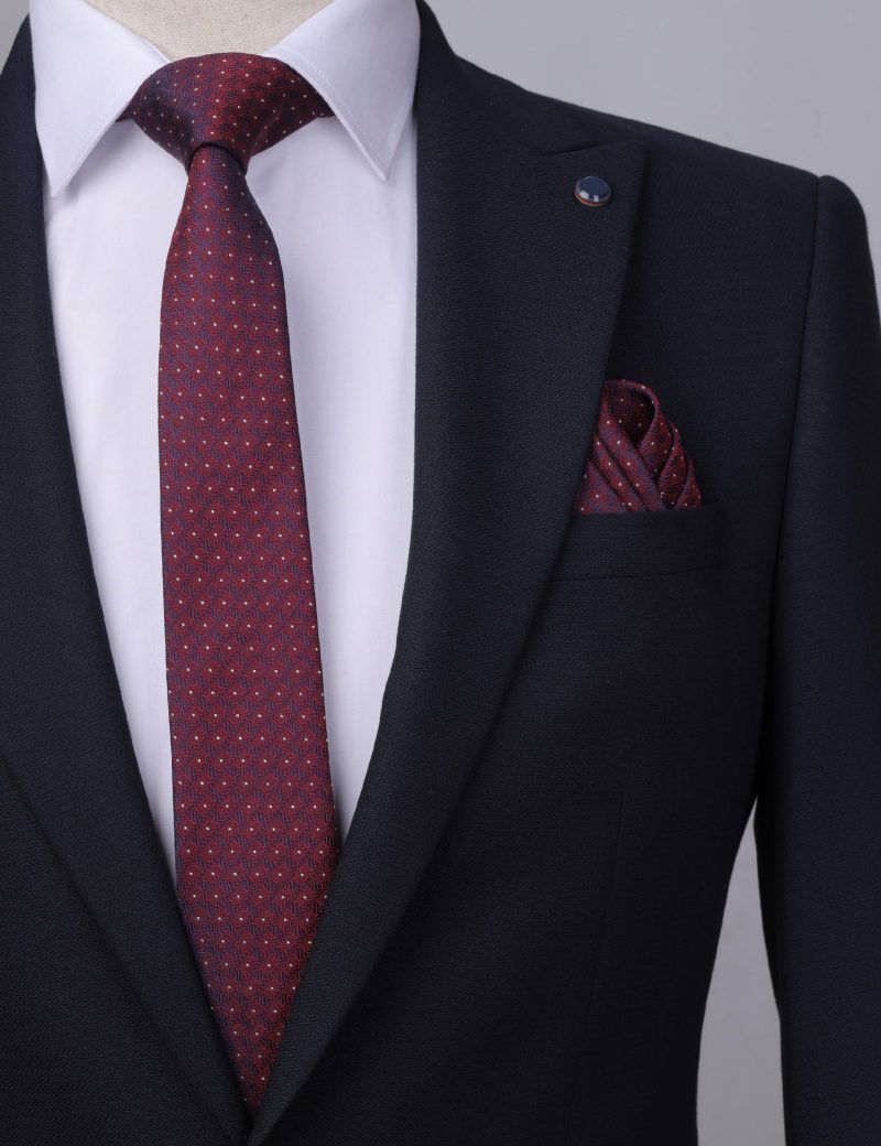 TH002M00-Maroon-4 Handkerchief tie with White dots and navy squares