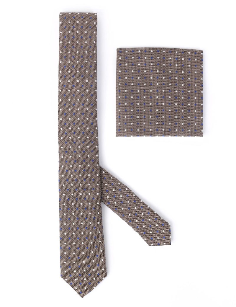 TH003BR00-Brown-1 Handkerchief tie with White & Navy dots