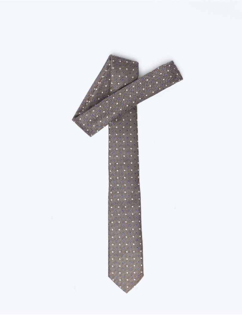 TH003BR00-Brown-2 Handkerchief tie with White & Navy dots