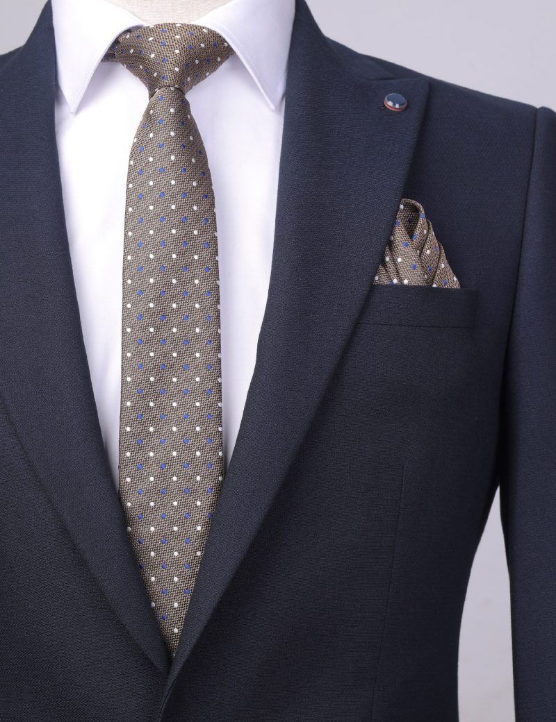 TH003BR00-Brown-4 Handkerchief tie with White & Navy dots