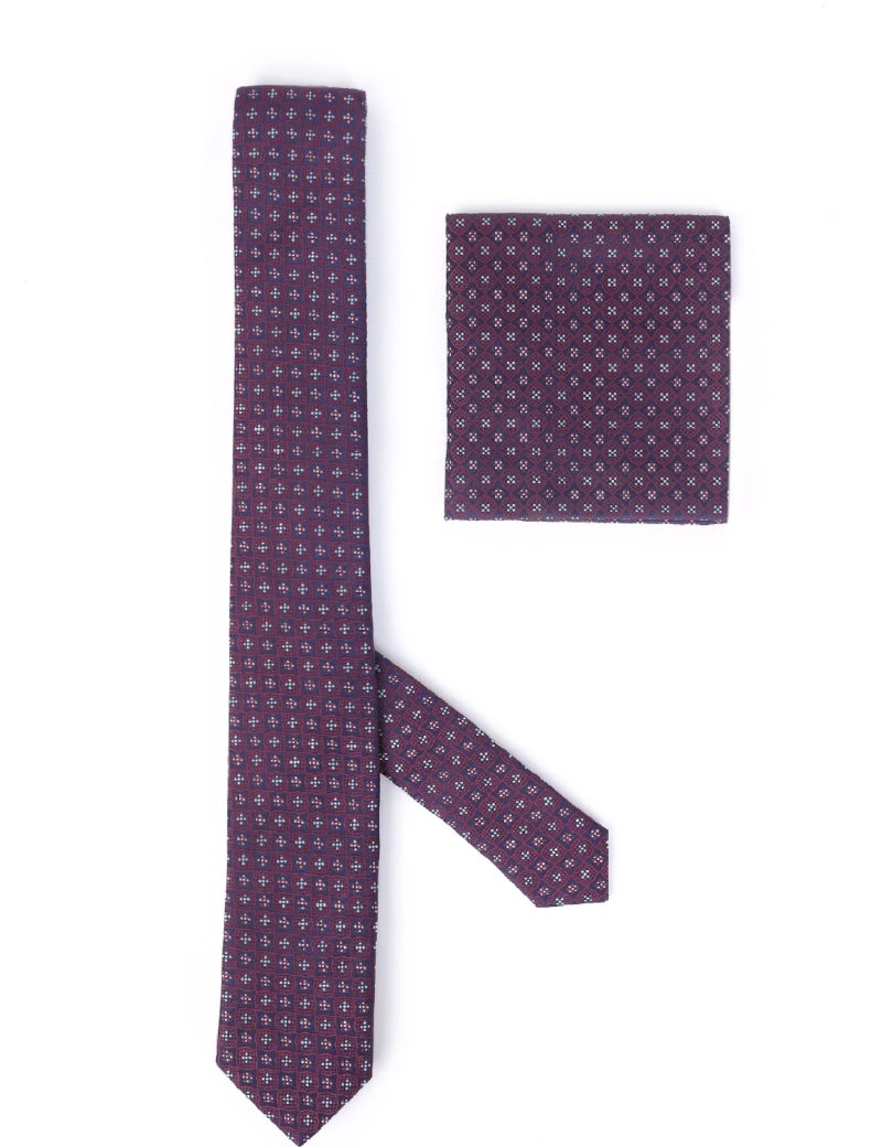 TH003M00-Maroon-1 Handkerchief tie with white and navy pattern