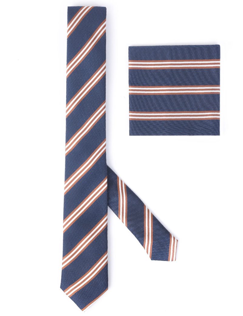 TH005N00-Navy-1 Handkerchief tie with Brown & White Regimental Stripes