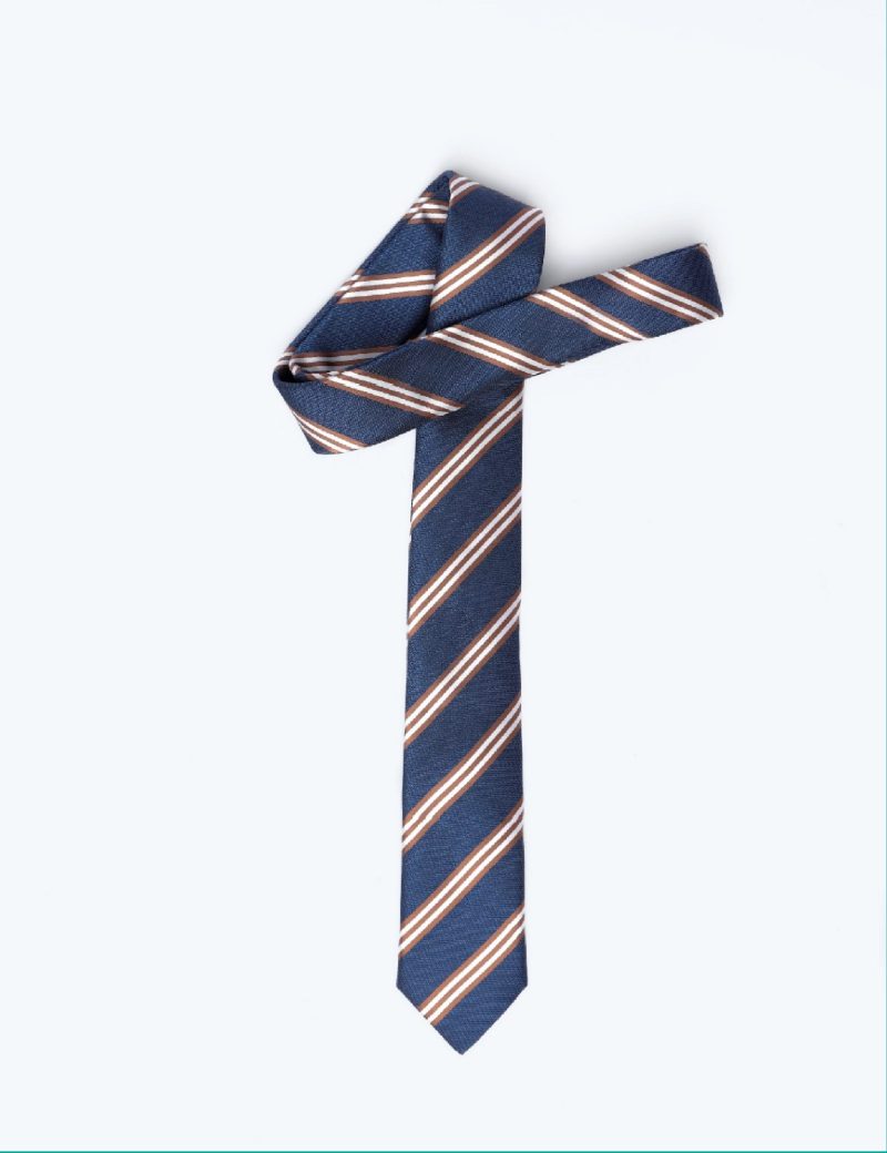 TH005N00-Navy-2 Handkerchief tie with Brown & White Regimental Stripes