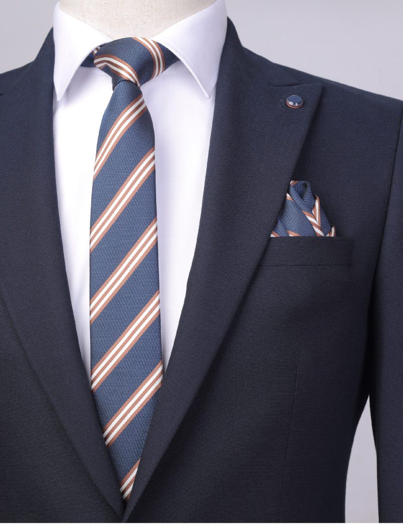 TH005N00-Navy-4 Handkerchief tie with Brown & White Regimental Stripes