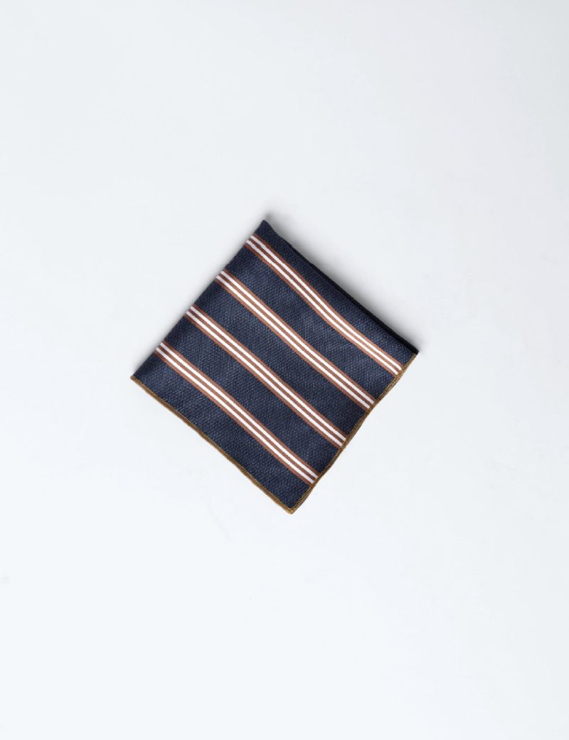 TH005N00-Navy-5 Handkerchief tie with Brown & White Regimental Stripes