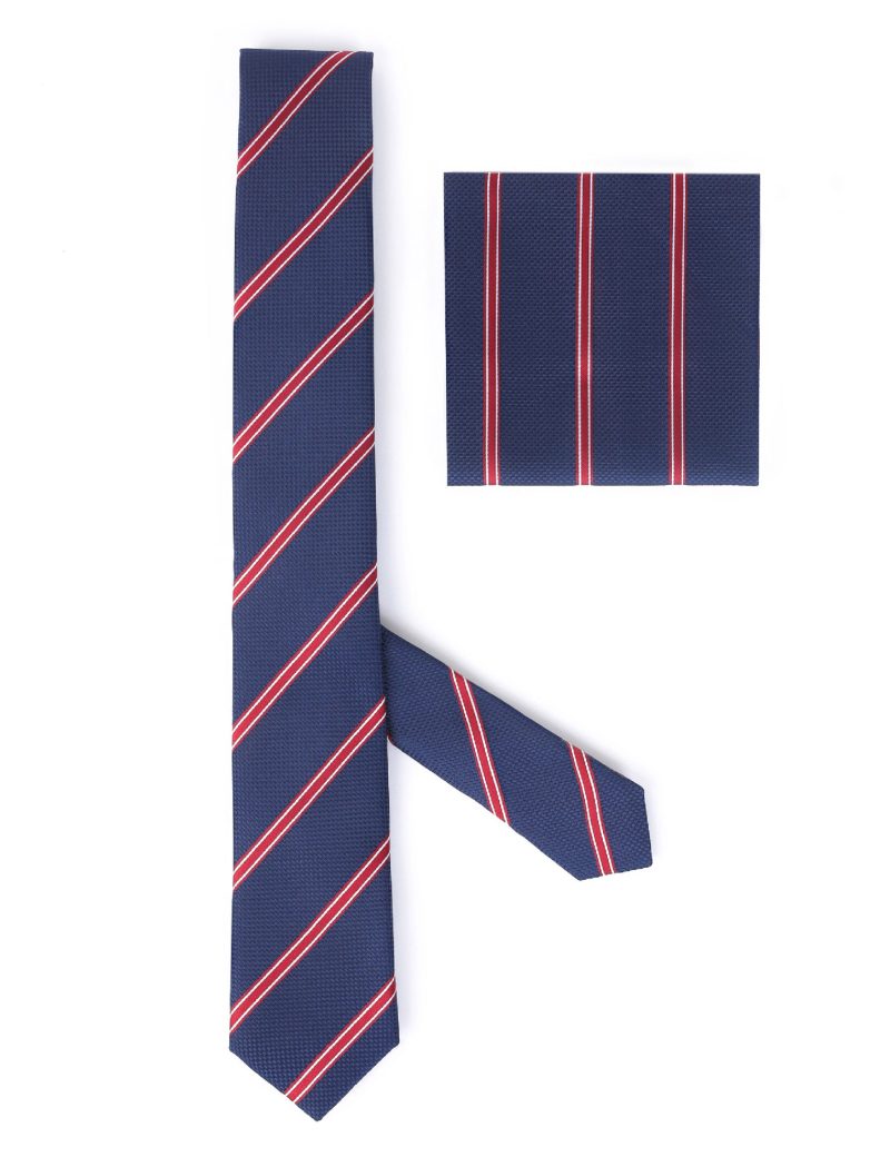 TH006N00-Navy-1 Handkerchief tie with Maroon & White Regimental Stripes