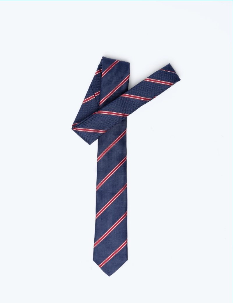 TH006N00-Navy-3 Handkerchief tie with Maroon & White Regimental Stripes
