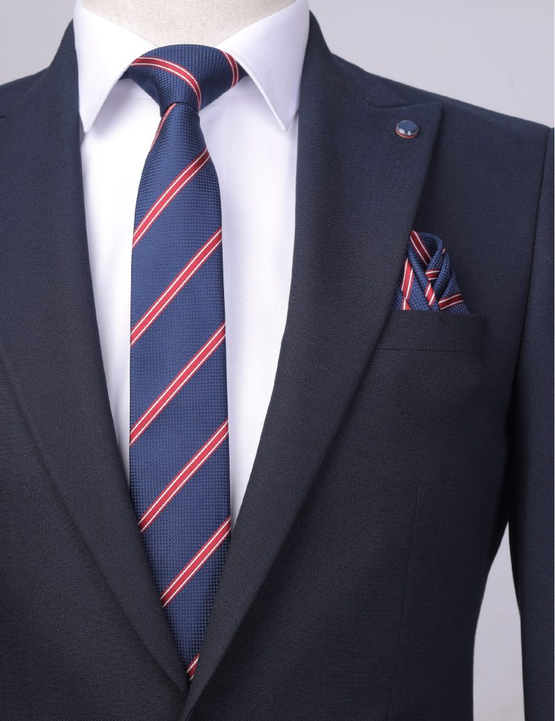 TH006N00-Navy-5 Handkerchief tie with Maroon & White Regimental Stripes