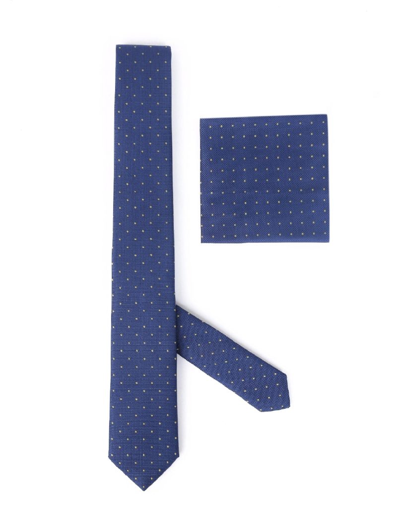 TH008N00-Navy-1 Handkerchief tie with Yellow dots