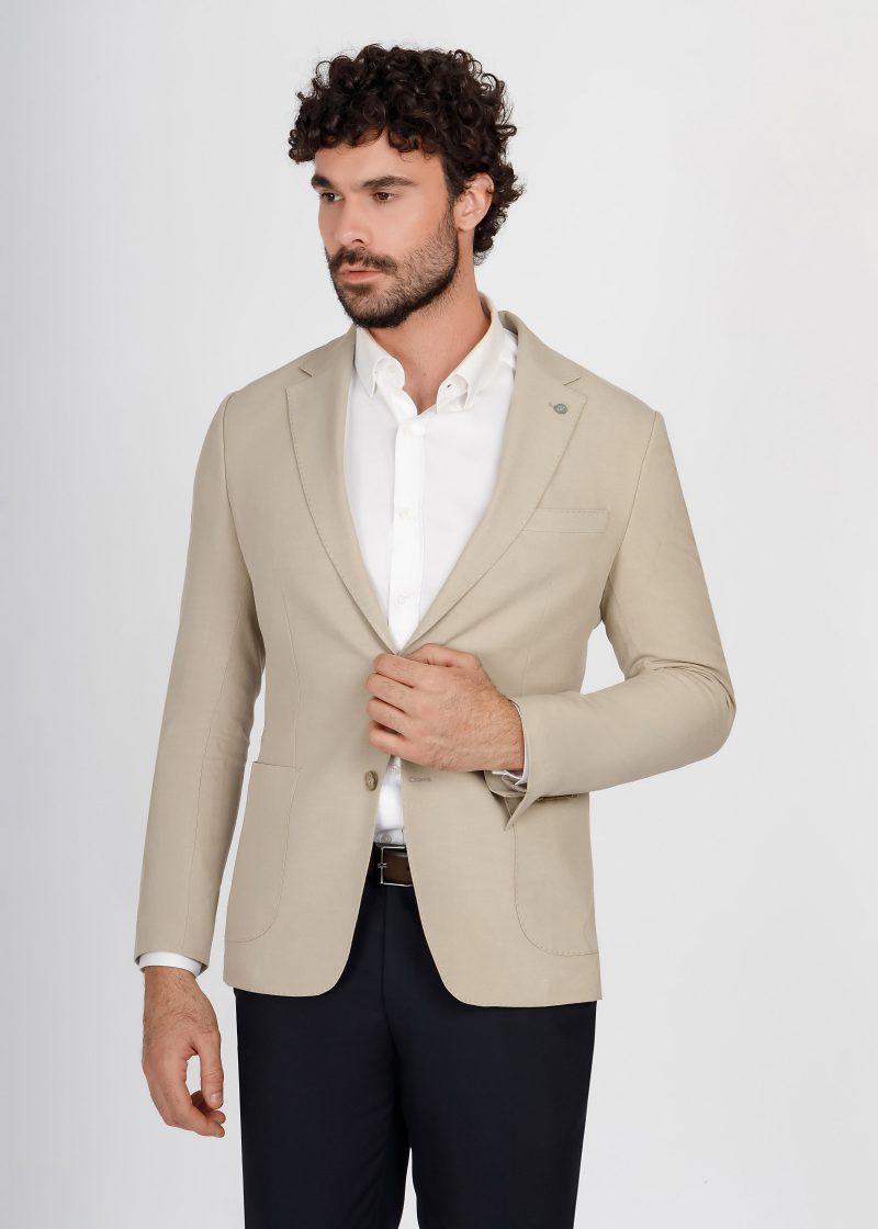 JK41SF04M037-Beige-028-1 Slim Fit Beige Linen-Blend Blazer