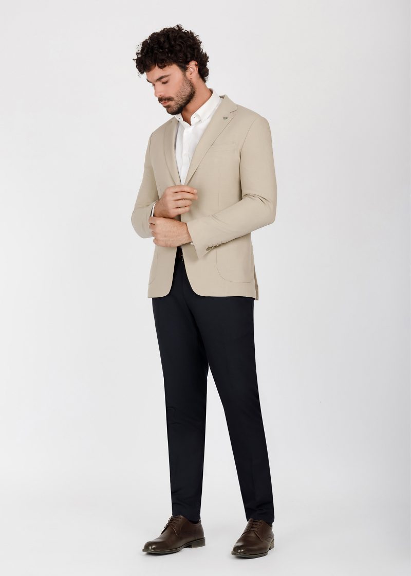 JK41SF04M037-Beige-028-5 Slim Fit Beige Linen-Blend Blazer