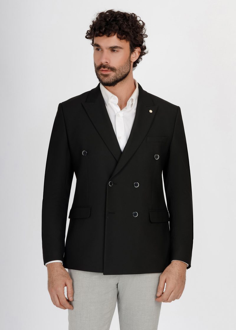 JK42SF04M041-Black-001-1 Double-Breasted Peak Lapel Suit – Slim Fit