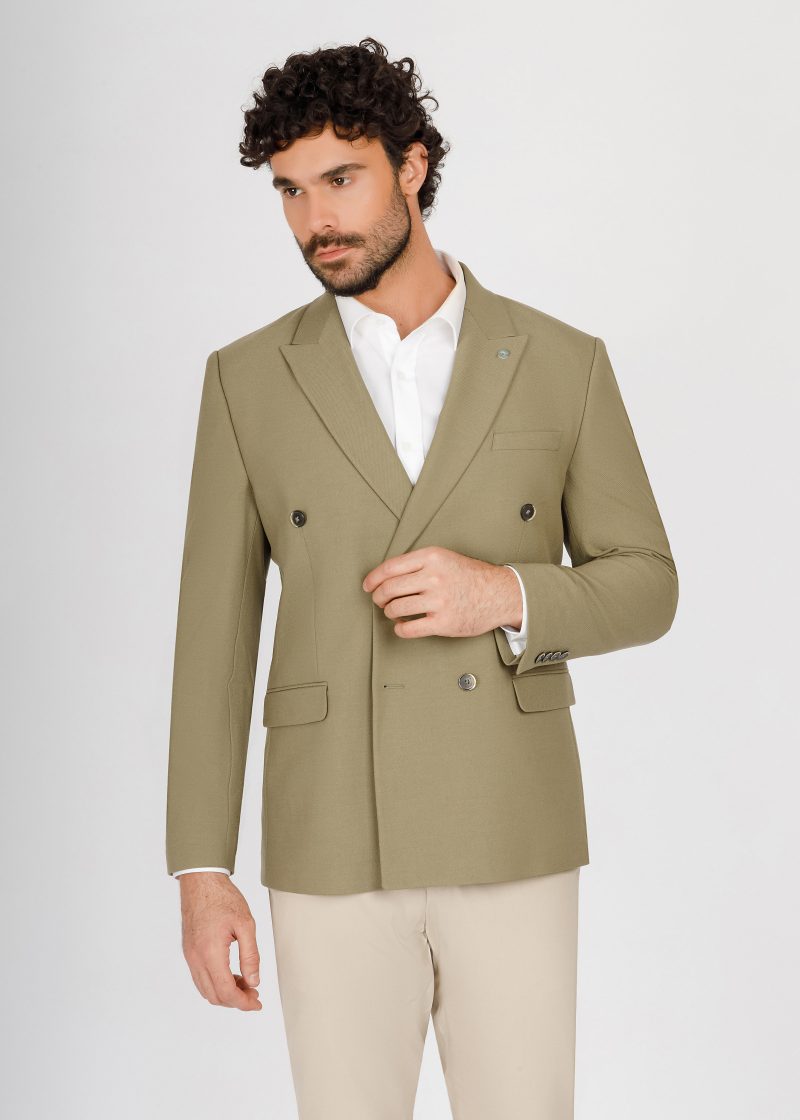 JK42SF04M041-Olive-523-1 Double-Breasted Peak Lapel Suit – Slim Fit