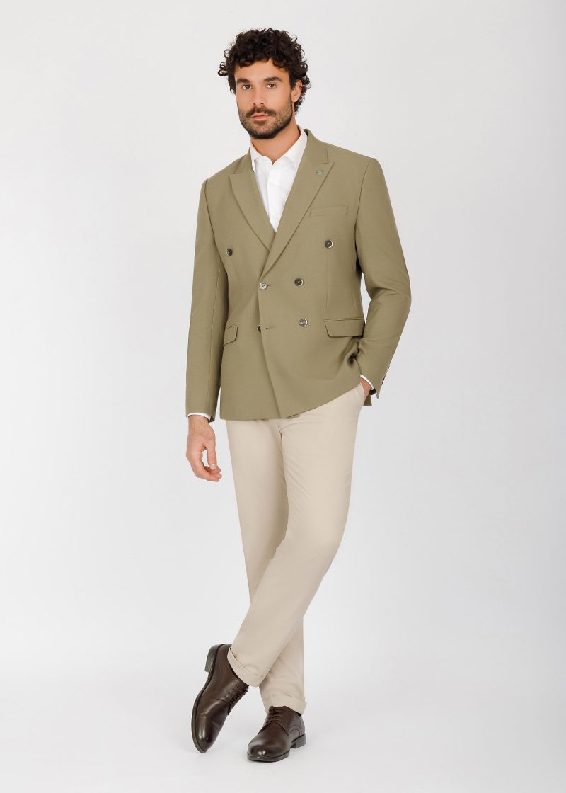 JK42SF04M041-Olive-523-4 Double-Breasted Peak Lapel Suit – Slim Fit
