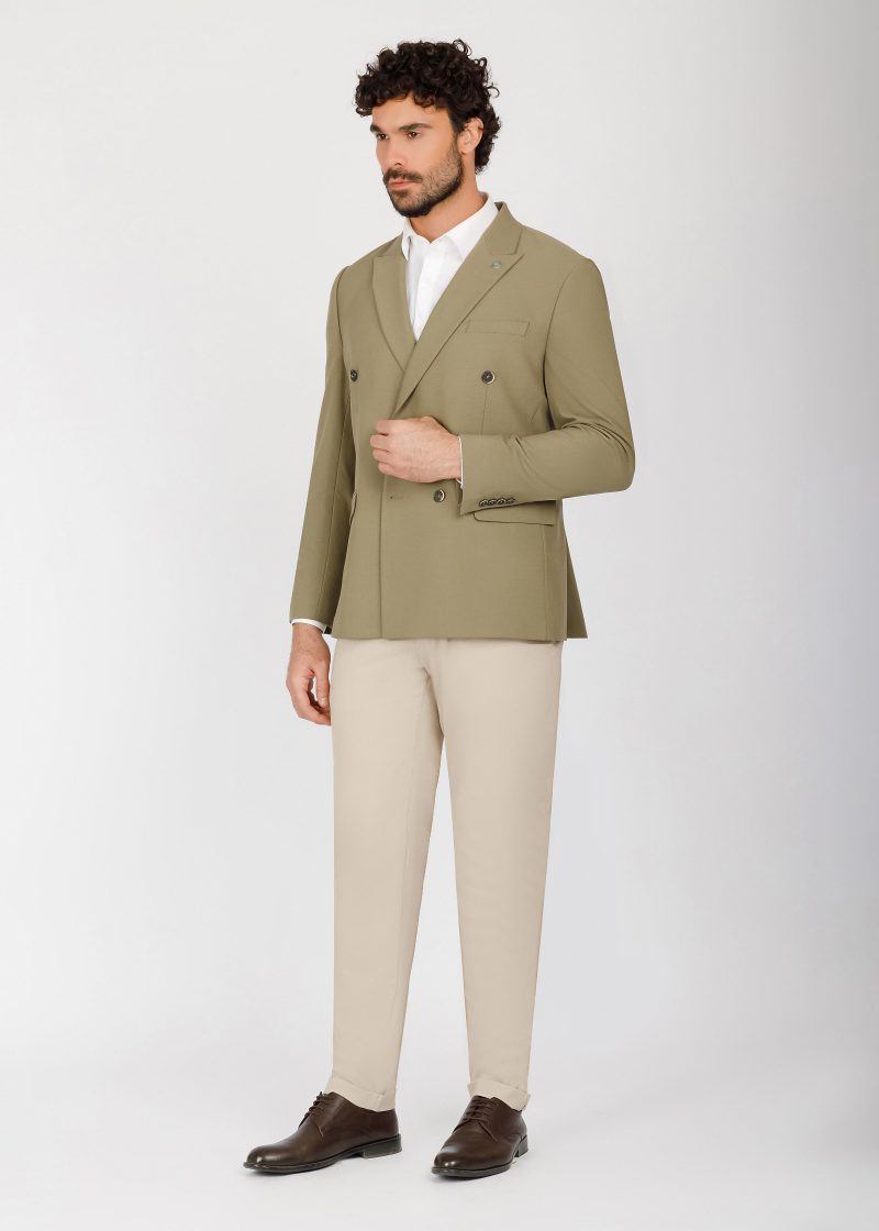 JK42SF04M041-Olive-523-5 Double-Breasted Peak Lapel Suit – Slim Fit