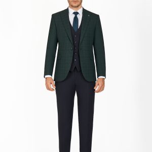 Checked Peak Lapel Slim Fit Vest Suit