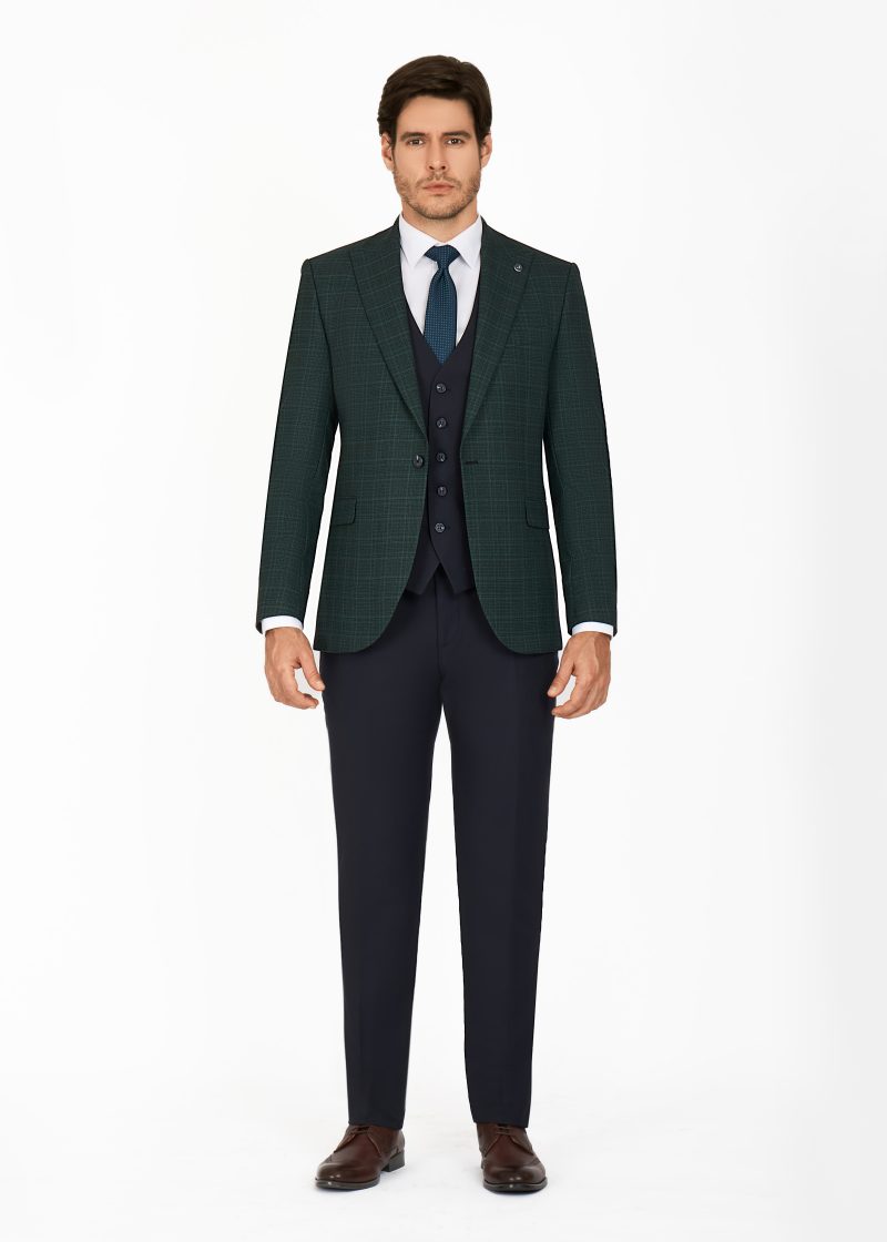 SK42SF02M017-Green-107-1 Checked Peak Lapel Slim Fit Vest Suit