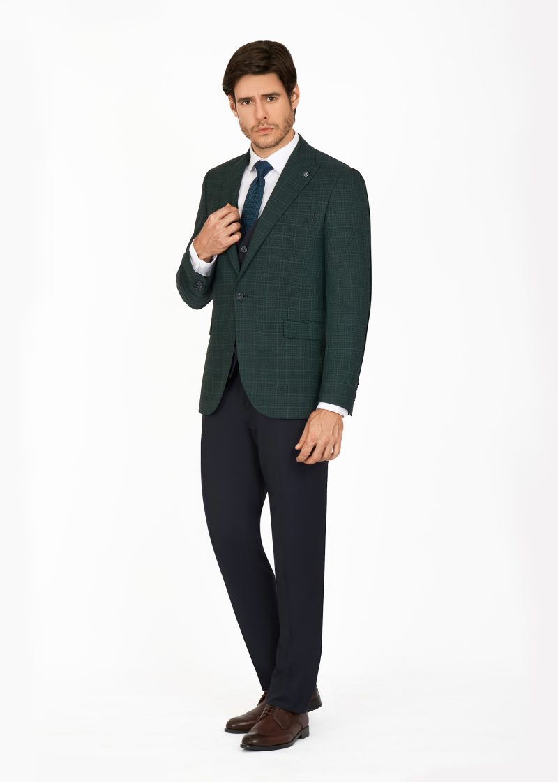 SK42SF02M017-Green-107-2 Checked Peak Lapel Slim Fit Vest Suit