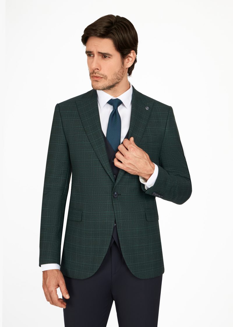SK42SF02M017-Green-107-4 Checked Peak Lapel Slim Fit Vest Suit