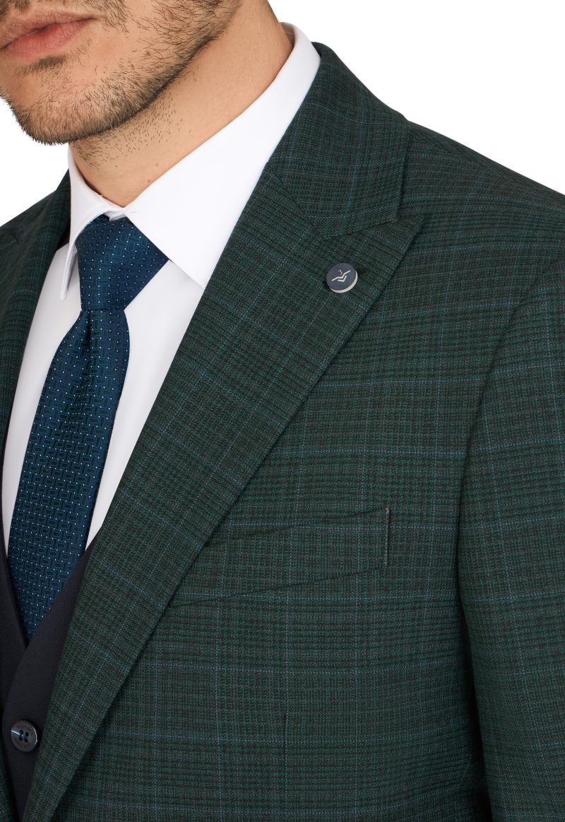 SK42SF02M017-Green-107-5 Checked Peak Lapel Slim Fit Vest Suit