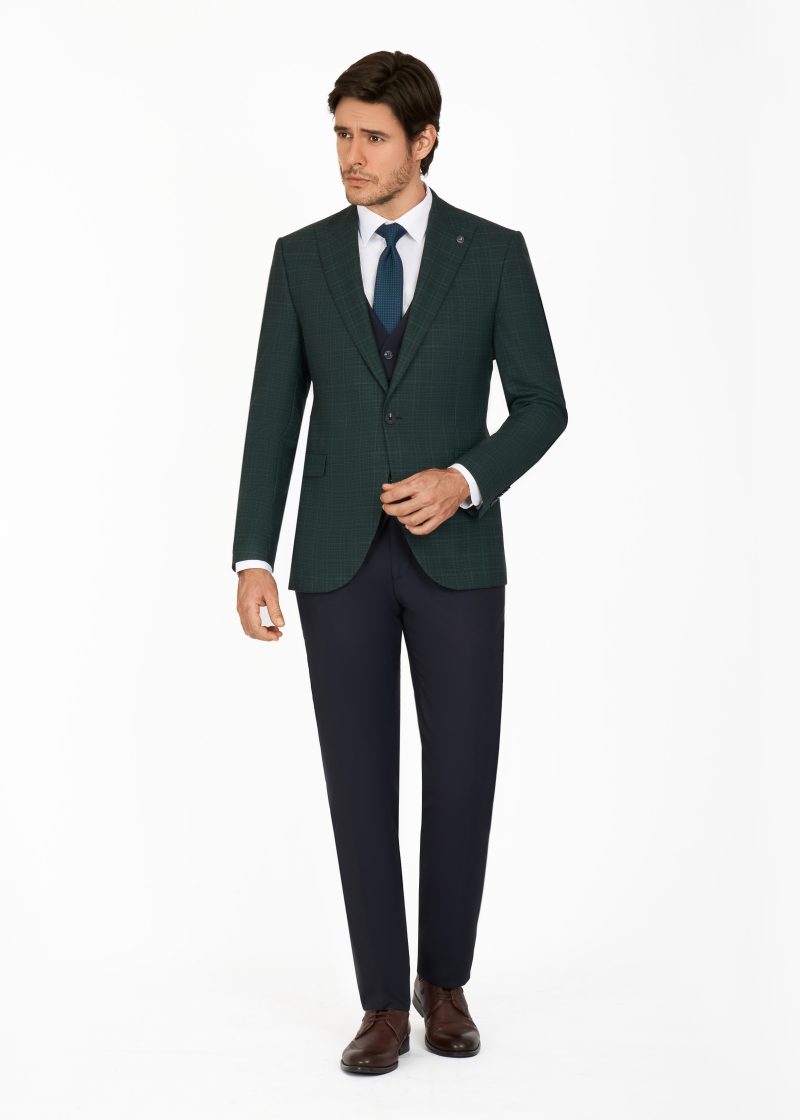 SK42SF02M017-Green-107-7 Checked Peak Lapel Slim Fit Vest Suit