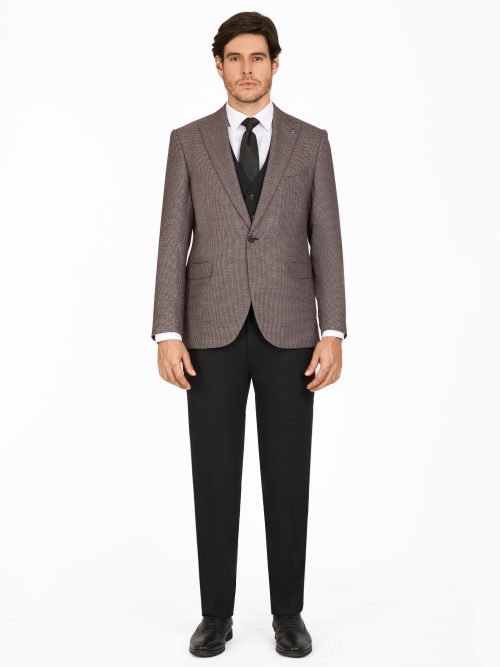 Checked Peak Lapel Slim Fit Vest Suit