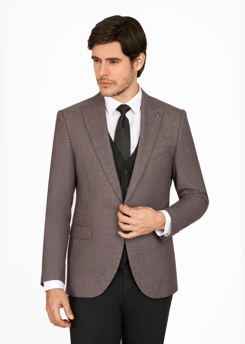 SK42SF02M017-Maroon-043-4 Checked Peak Lapel Slim Fit Vest Suit