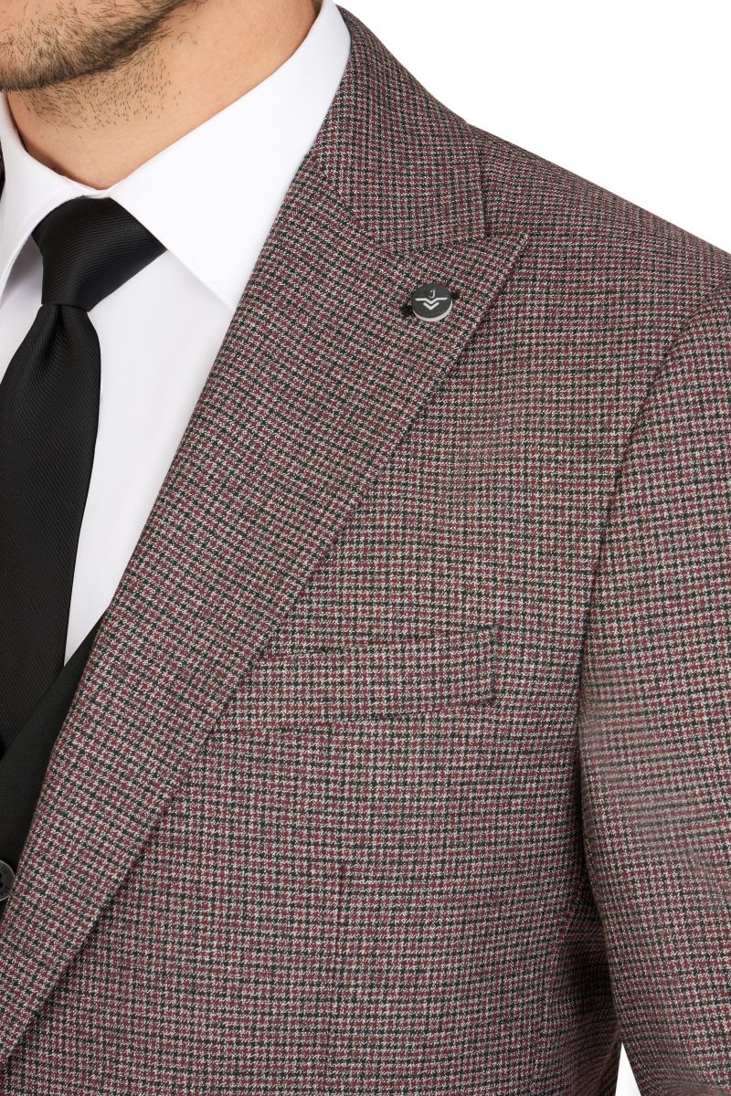 SK42SF02M017-Maroon-043-5 Checked Peak Lapel Slim Fit Vest Suit