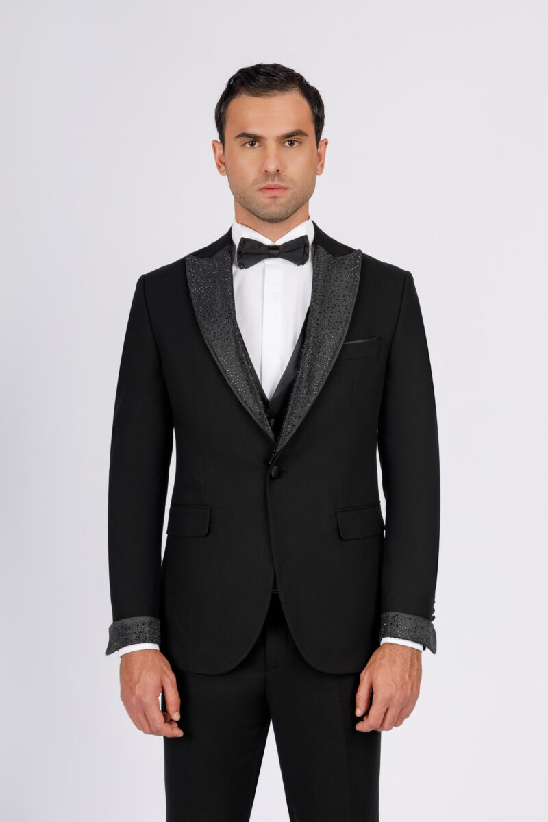 Wedding Suit with Removable Satin Lapel & Strass Details
