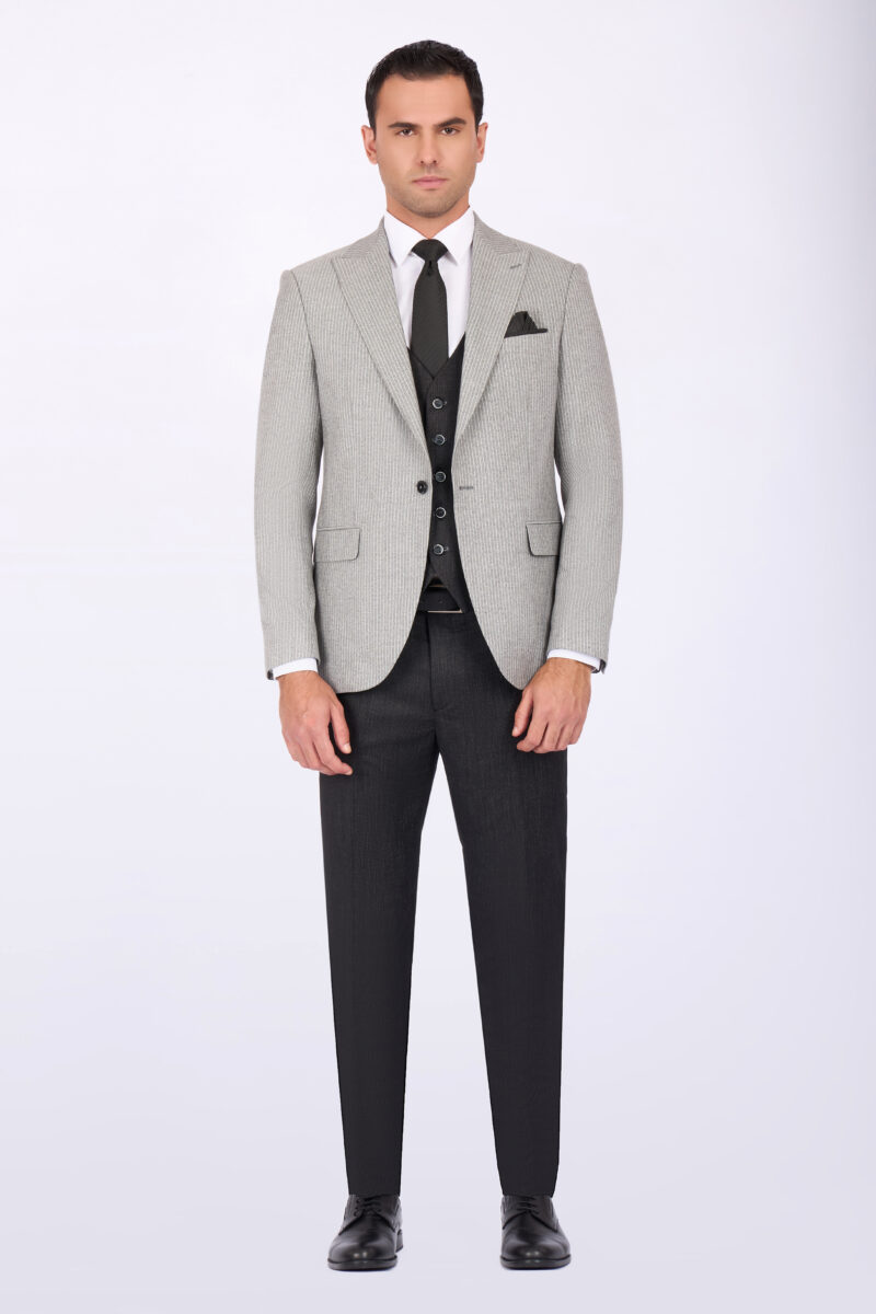 Slim Fit Striped Suit with Peak Lapel & Vest