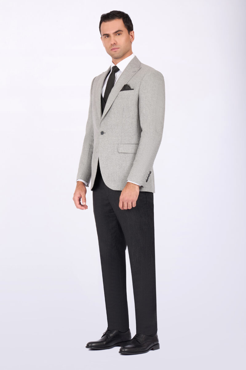 Slim Fit Striped Suit with Peak Lapel & Vest