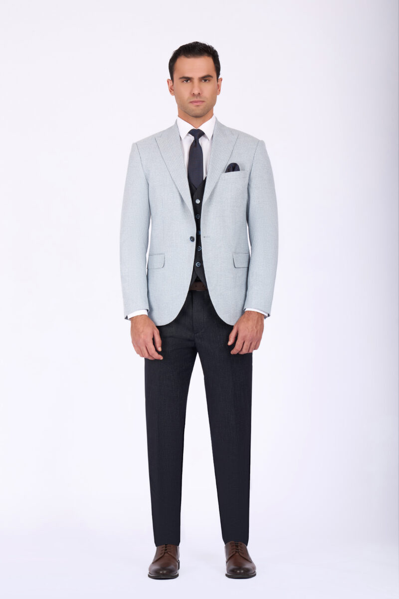 Slim Fit Striped Suit with Peak Lapel & Vest