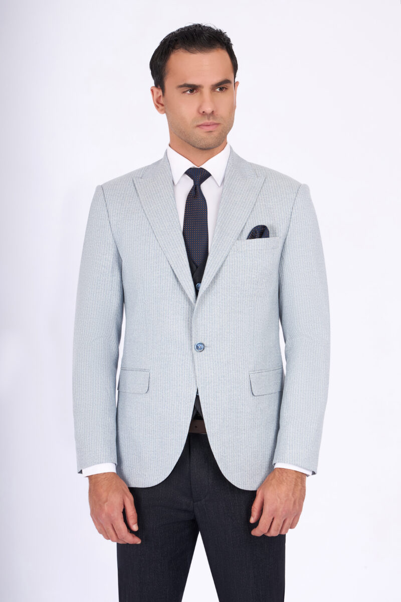 Slim Fit Striped Suit with Peak Lapel & Vest