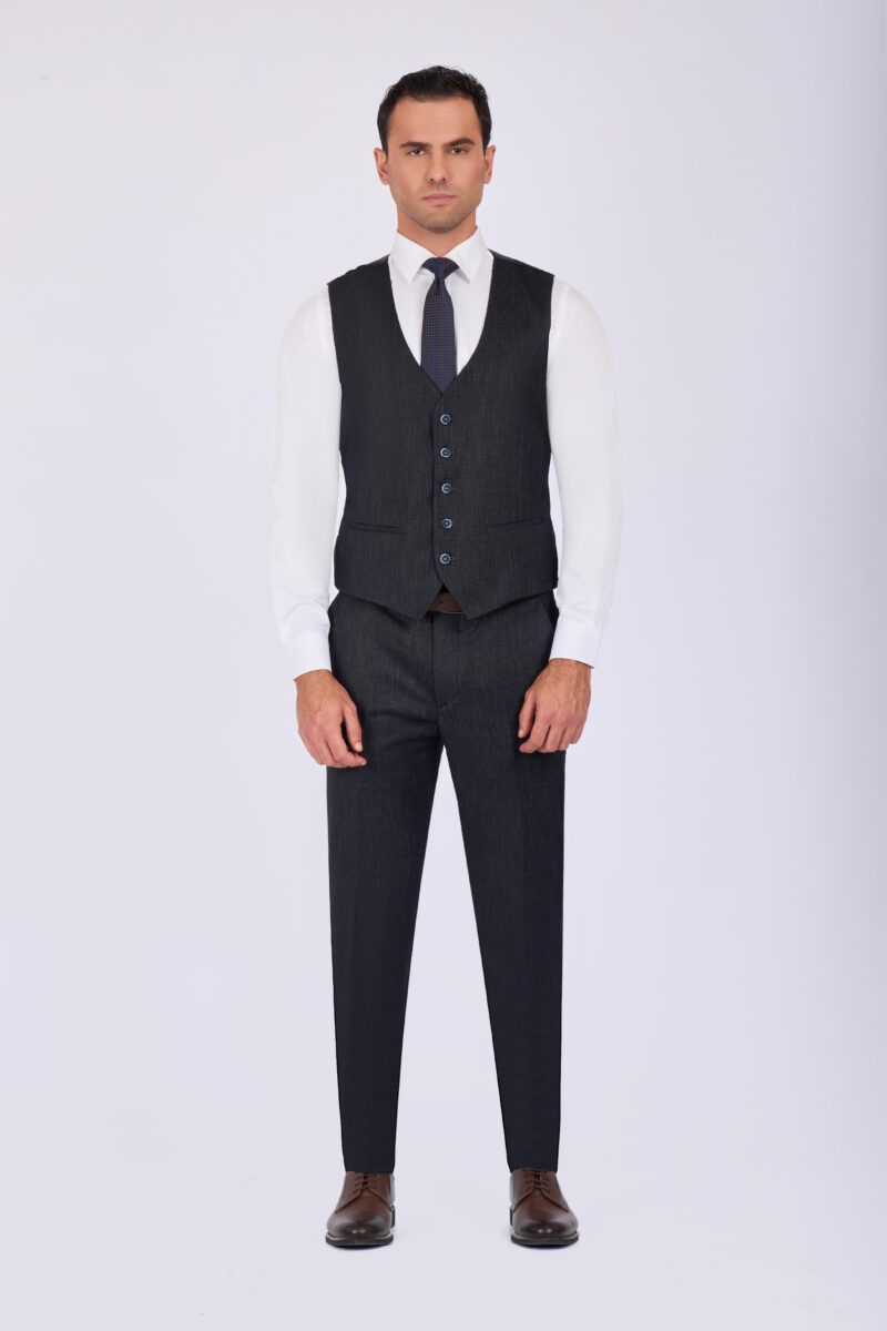 Slim Fit Striped Suit with Peak Lapel & Vest