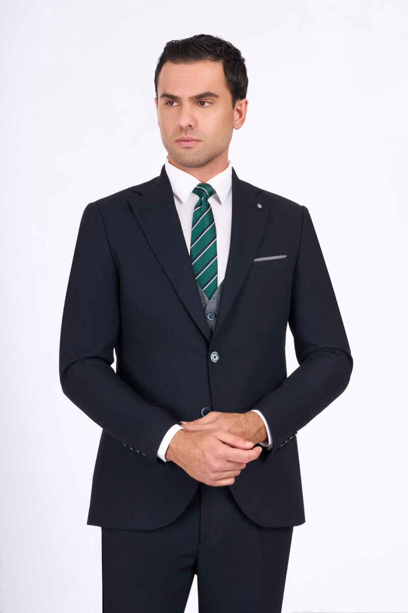 Sk41sf02m026-Navy-002-4 Slim Fit Suit with Notch Lapel & Double Face Vest