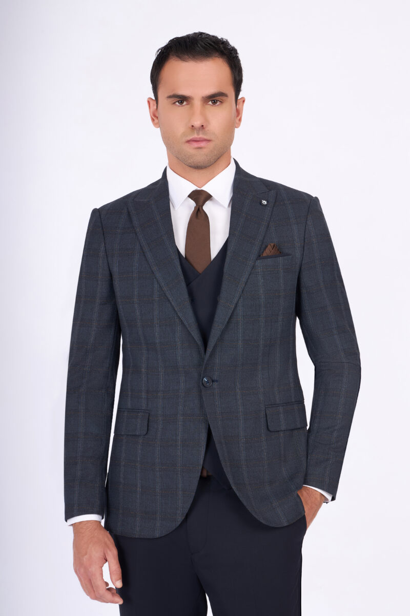 Slim Fit Checked Suit with Peak Lapel & Double-Breasted Vest