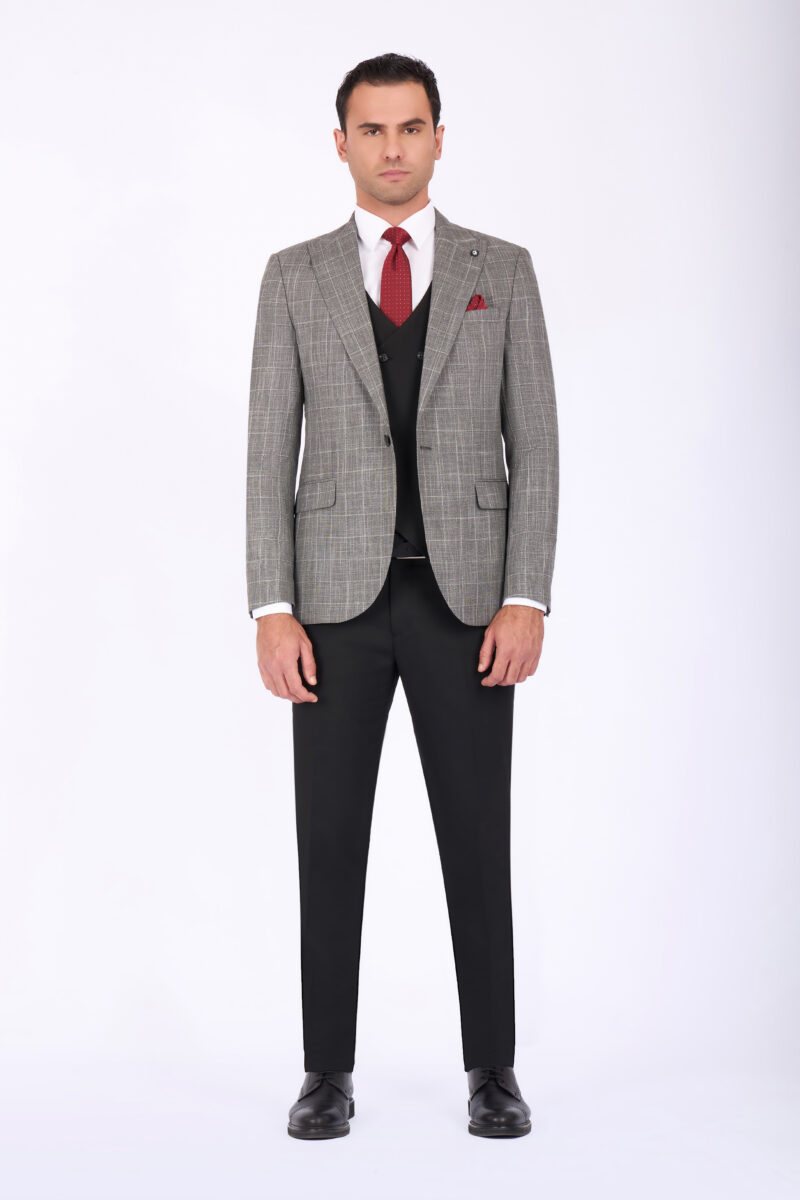 Slim Fit Checked Suit with Peak Lapel & Double-Breasted Vest