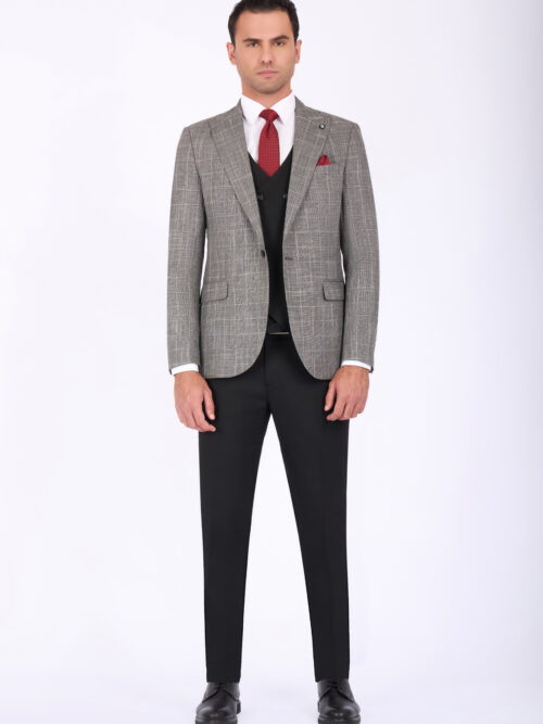 Slim Fit Checked Suit with Peak Lapel & Double-Breasted Vest